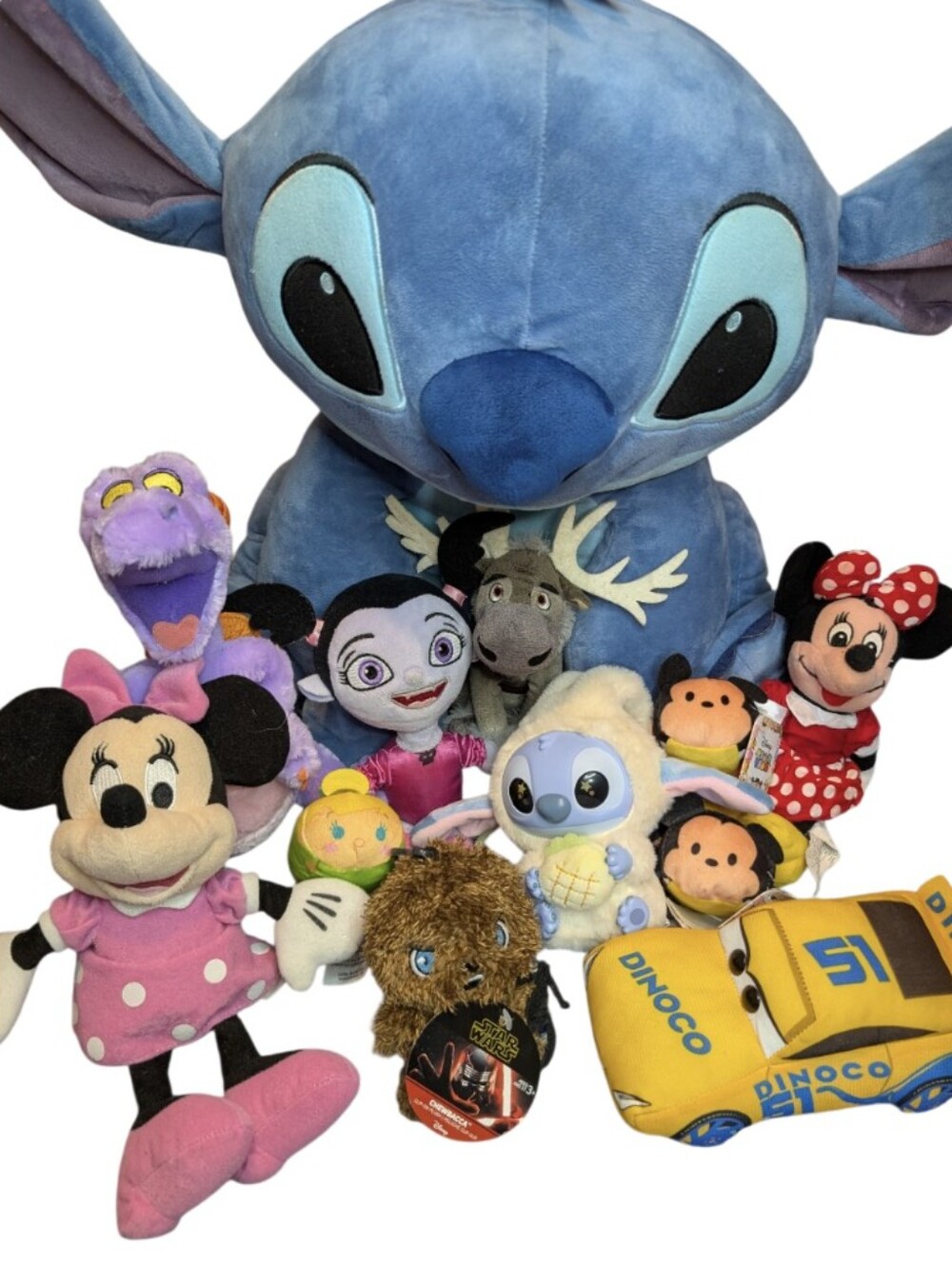 Disney Character Plush Lot - Jumbo Stitch, Minnie, Mickey, Sven & More
